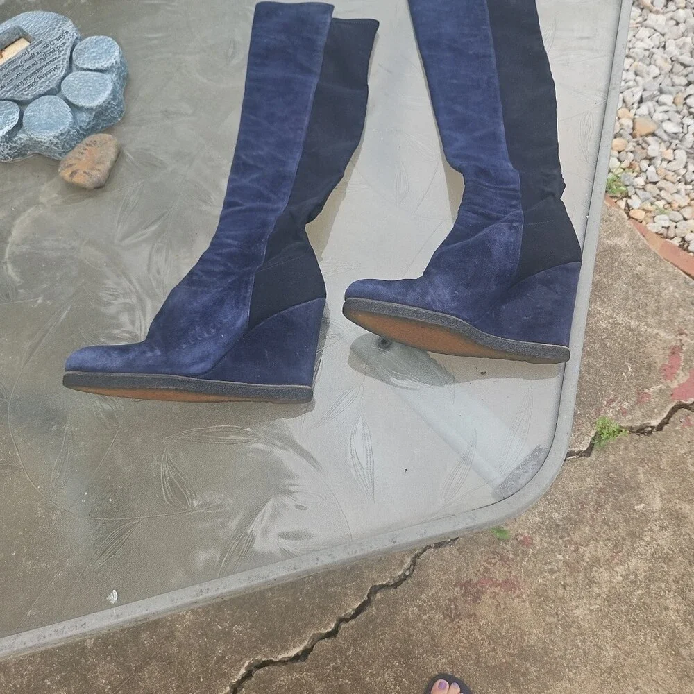 Stuart Weitzman Women’s Navy Suede Wedge Knee-High Boots